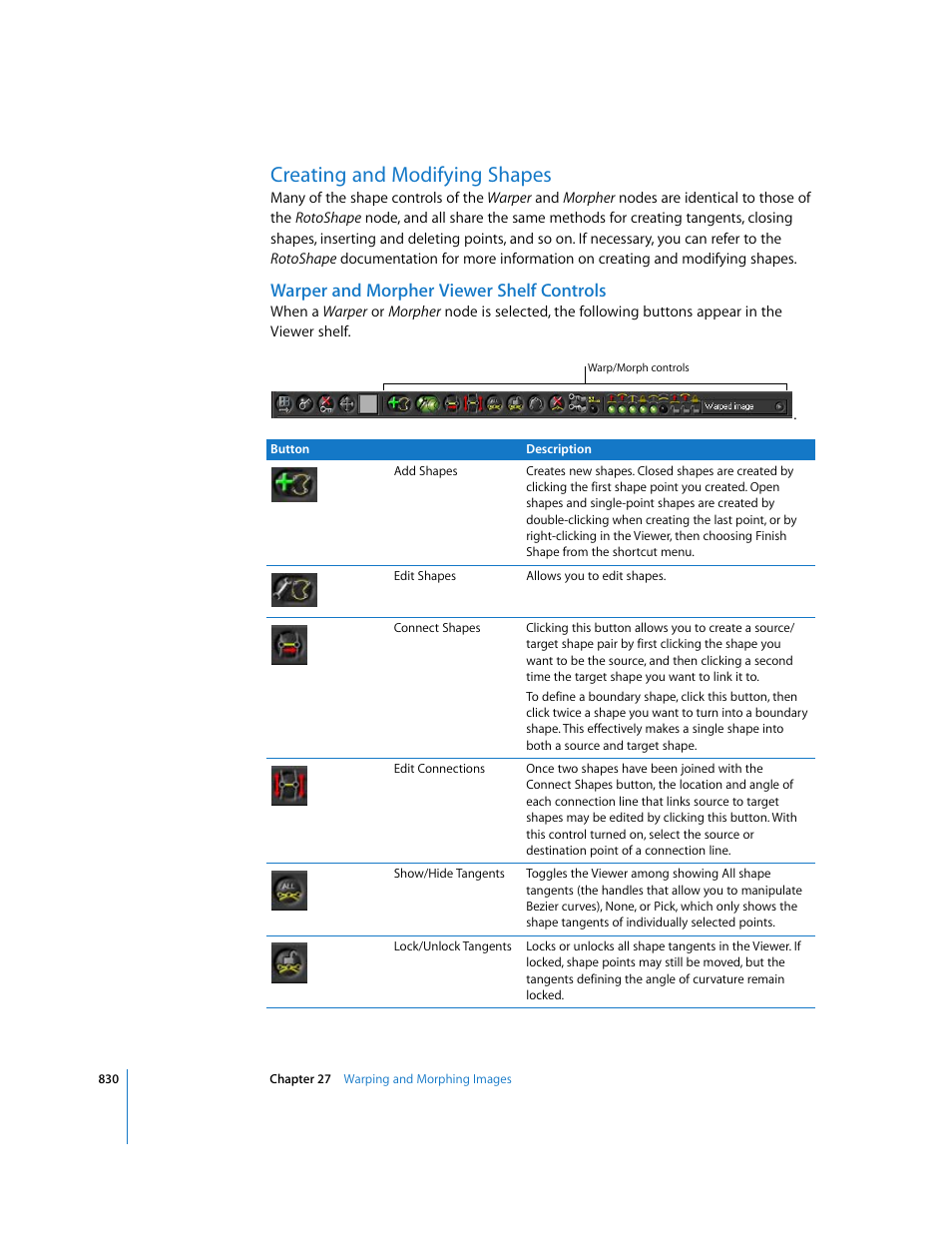 Creating and modifying shapes, Warper and morpher viewer shelf controls, Creating and | Modifying shapes | Apple Shake 4 User Manual | Page 830 / 1054