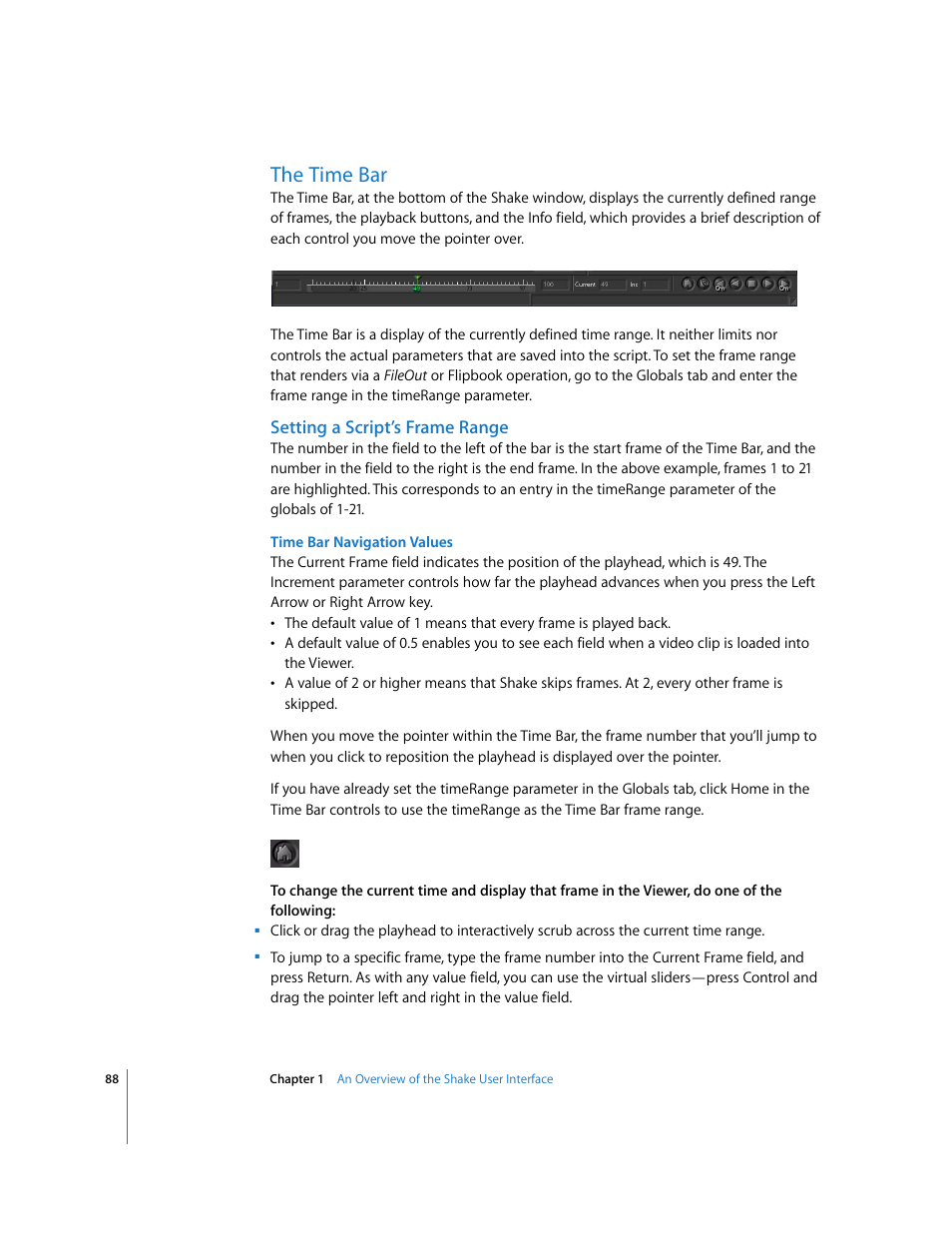 The time bar, Setting a script’s frame range | Apple Shake 4 User Manual | Page 88 / 1054