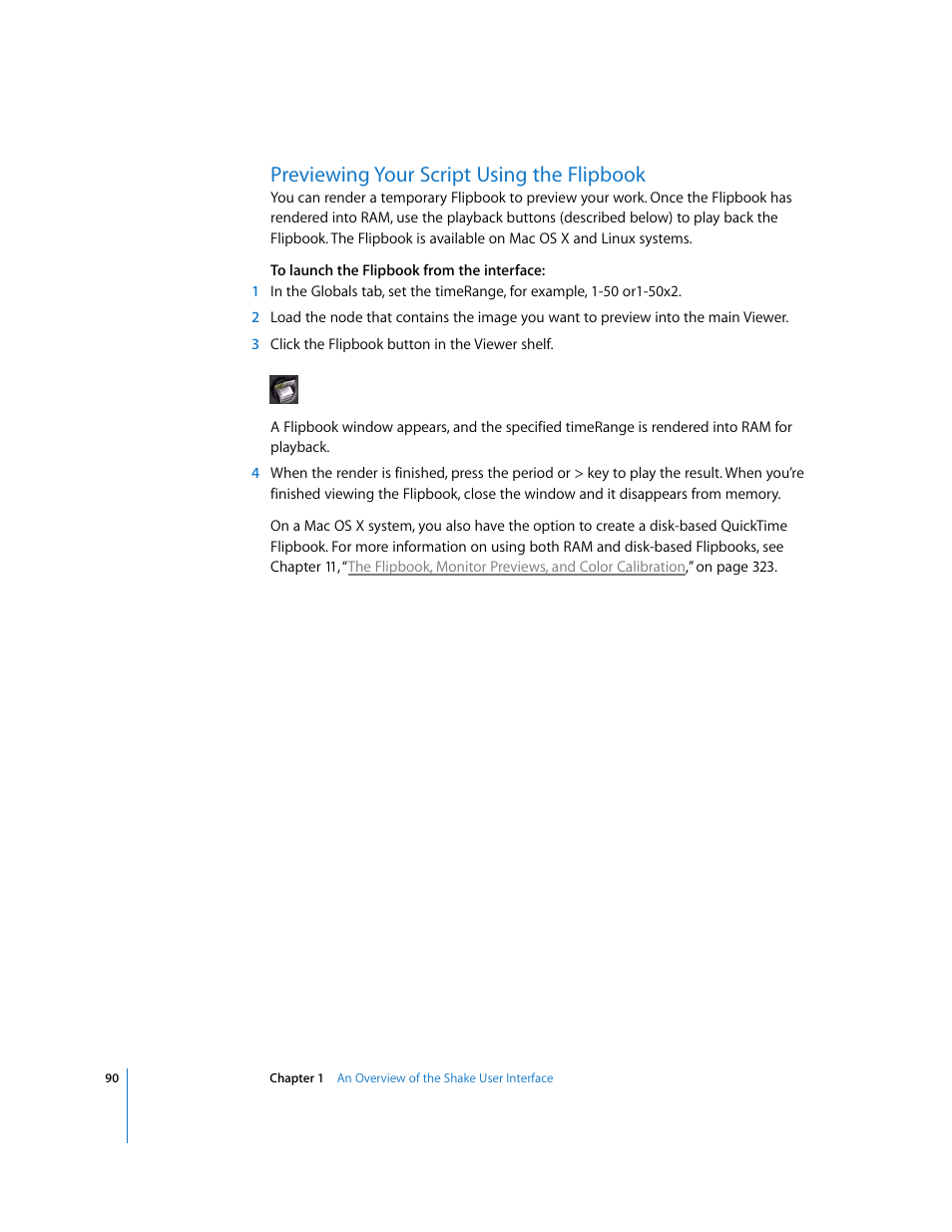 Previewing your script using the flipbook | Apple Shake 4 User Manual | Page 90 / 1054