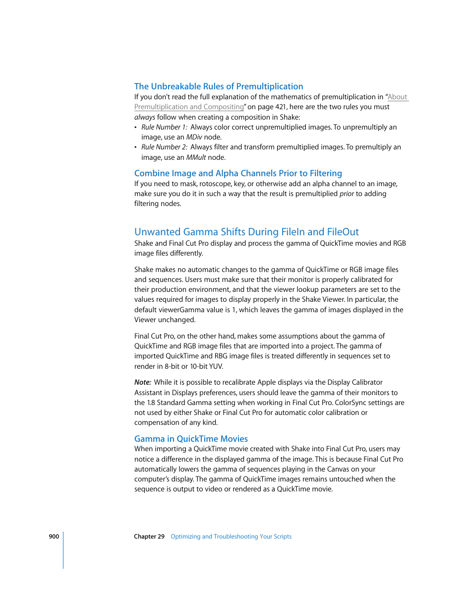 The unbreakable rules of premultiplication, Unwanted gamma shifts during filein and fileout, Gamma in quicktime movies | Apple Shake 4 User Manual | Page 900 / 1054