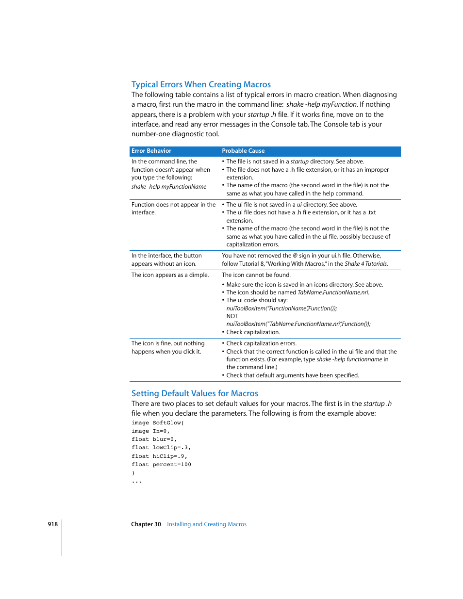 Typical errors when creating macros, Setting default values for macros | Apple Shake 4 User Manual | Page 918 / 1054