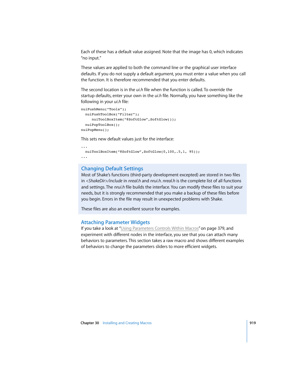 Changing default settings, Attaching parameter widgets | Apple Shake 4 User Manual | Page 919 / 1054