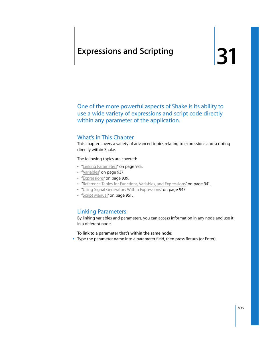 Expressions and scripting, What’s in this chapter, Linking parameters | Chapter, See chapter 31, Chapter 31 | Apple Shake 4 User Manual | Page 935 / 1054