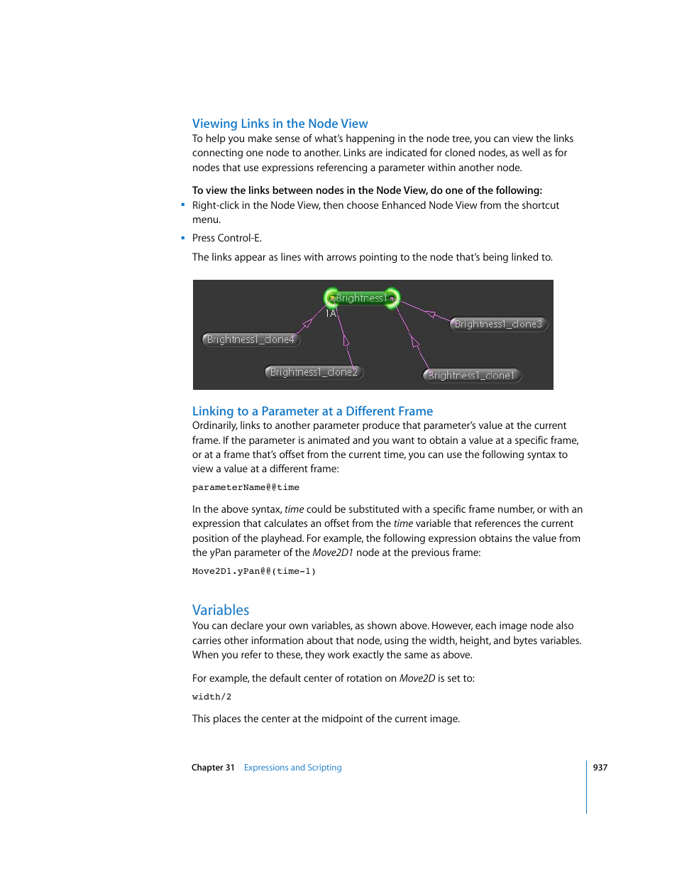 Viewing links in the node view, Linking to a parameter at a different frame, Variables | Apple Shake 4 User Manual | Page 937 / 1054