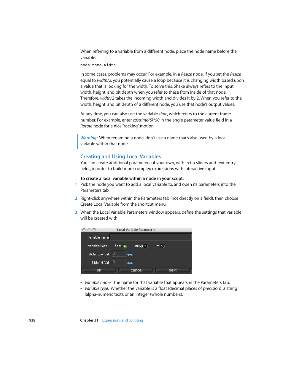 Creating and using local variables | Apple Shake 4 User Manual | Page 938 / 1054