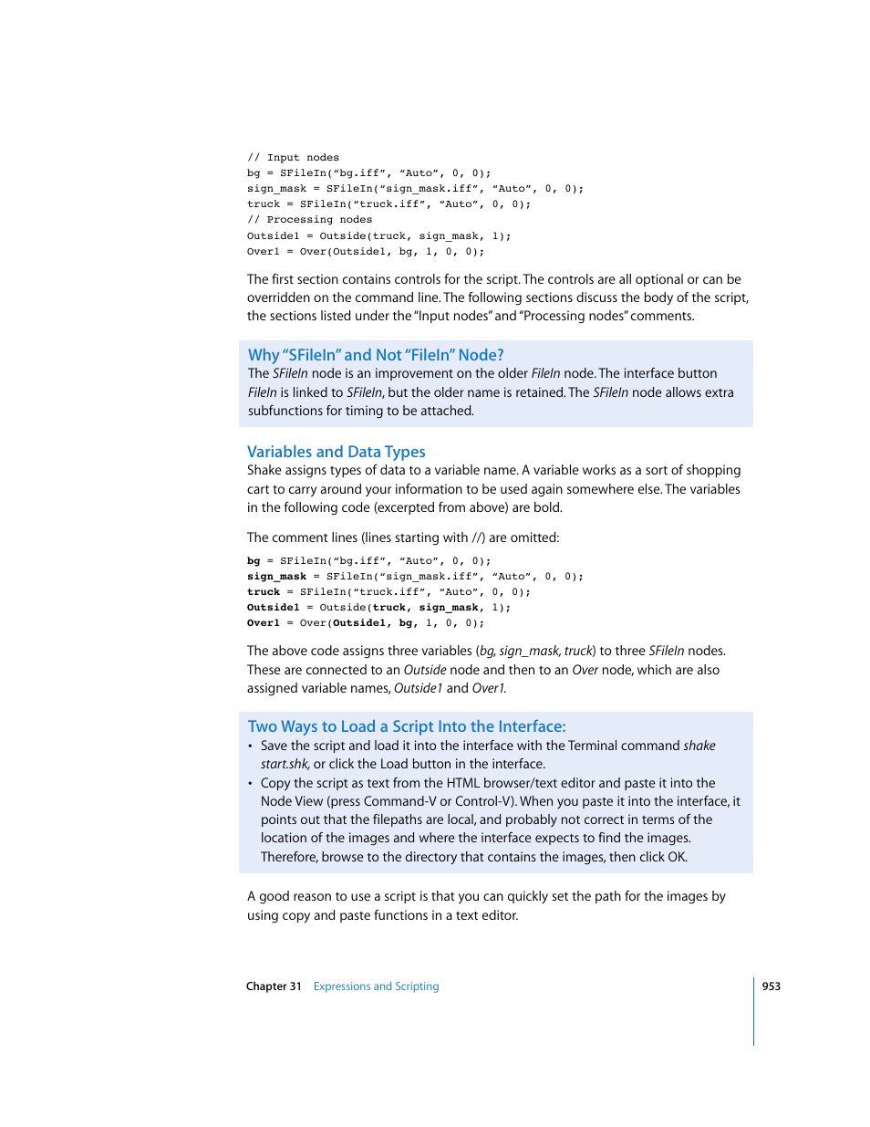 Why “sfilein” and not “filein” node, Variables and data types, Two ways to load a script into the interface | Apple Shake 4 User Manual | Page 953 / 1054