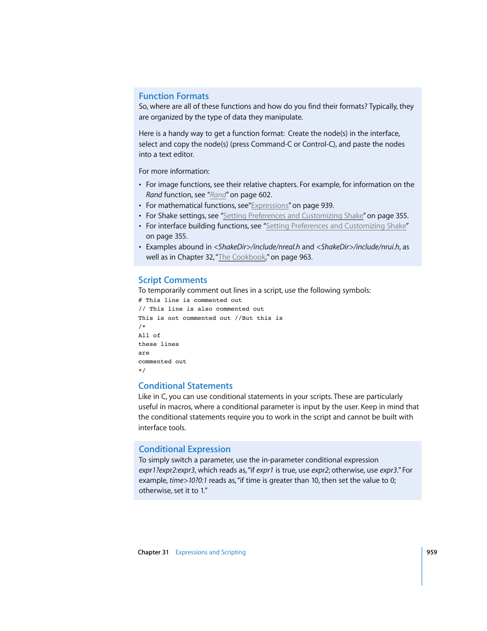 Function formats, Script comments, Conditional statements | Conditional expression | Apple Shake 4 User Manual | Page 959 / 1054