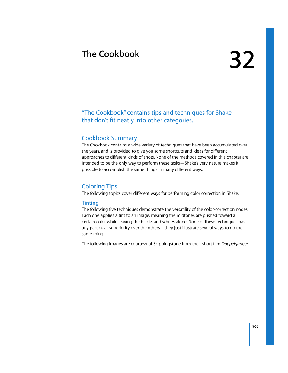 The cookbook, Cookbook summary, Coloring tips | Tinting, Chapter, Chapter 32, Ell as in chapter 32 | Apple Shake 4 User Manual | Page 963 / 1054