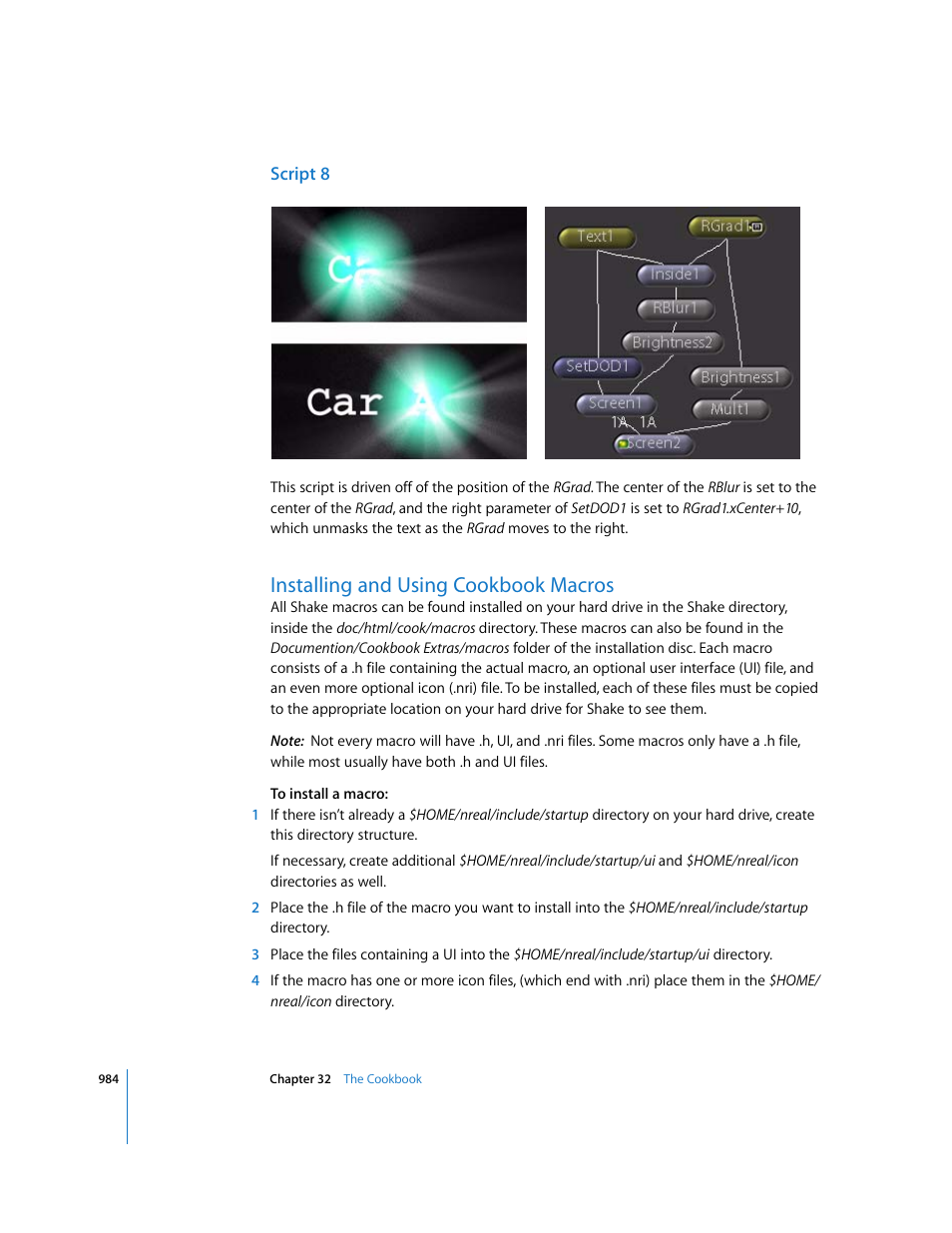 Script 8, Installing and using cookbook macros | Apple Shake 4 User Manual | Page 984 / 1054