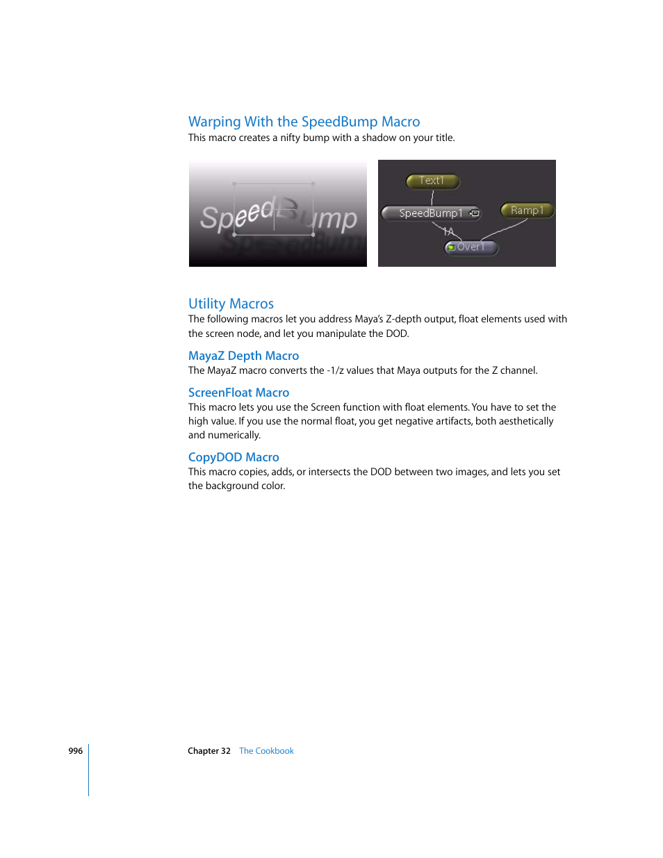 Warping with the speedbump macro, Utility macros, Mayaz depth macro | Screenfloat macro, Copydod macro | Apple Shake 4 User Manual | Page 996 / 1054