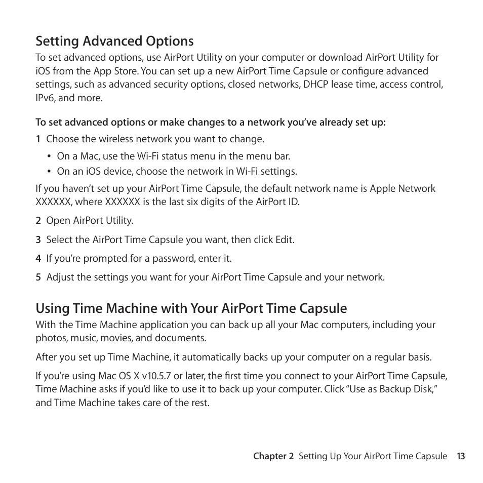 Setting advanced options, Using time machine with your airport time capsule | Apple AirPort Time Capsule 802.11ac User Manual | Page 13 / 32