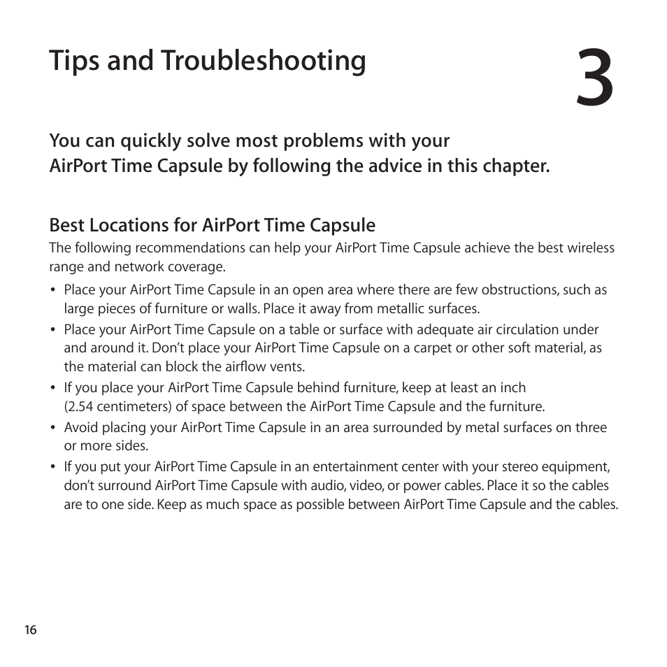 Tips and troubleshooting, Best locations for airport time capsule | Apple AirPort Time Capsule 802.11ac User Manual | Page 16 / 32