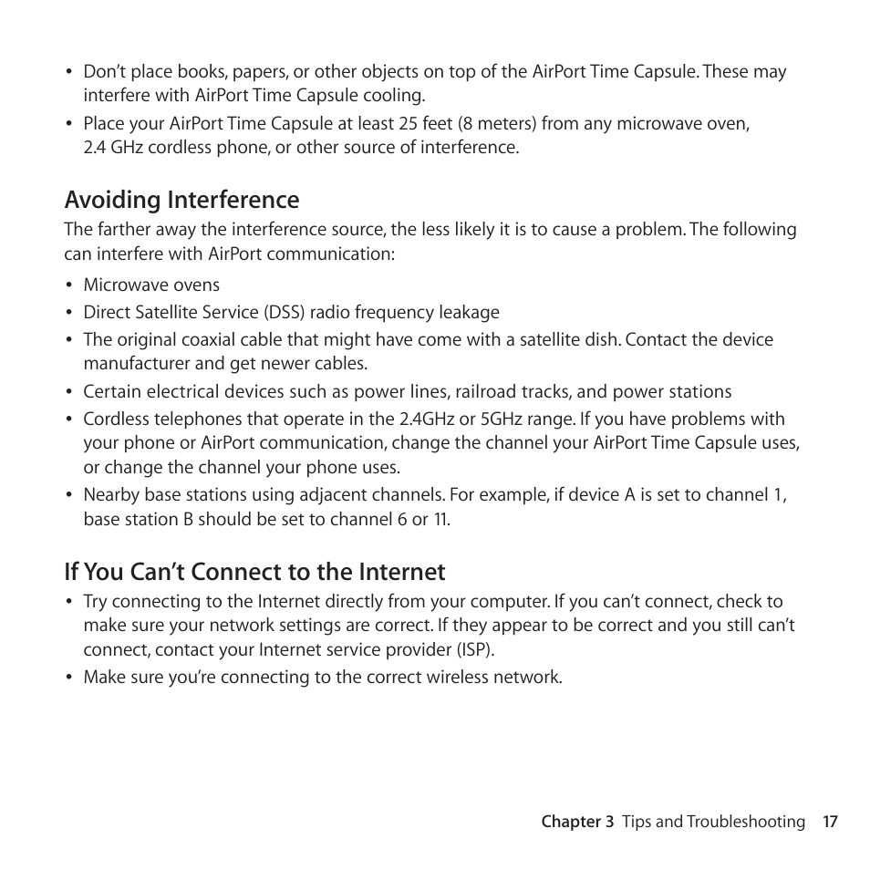 Avoiding interference, If you can’t connect to the internet | Apple AirPort Time Capsule 802.11ac User Manual | Page 17 / 32