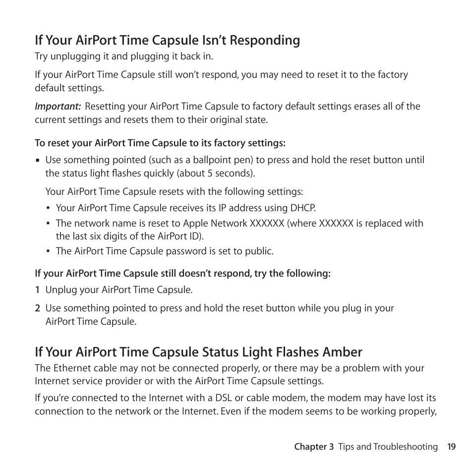 If your airport time capsule isn’t responding | Apple AirPort Time Capsule 802.11ac User Manual | Page 19 / 32