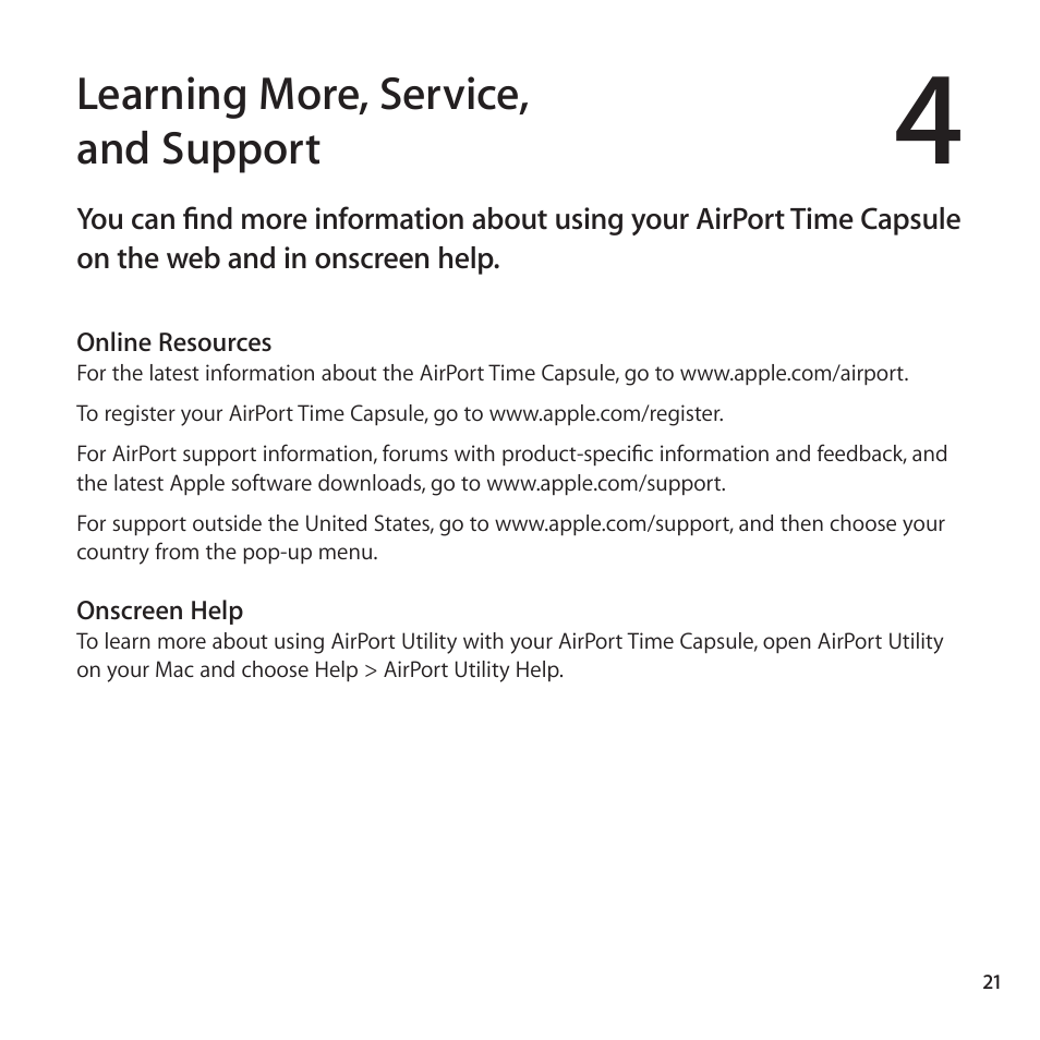 Learning more, service, and support | Apple AirPort Time Capsule 802.11ac User Manual | Page 21 / 32
