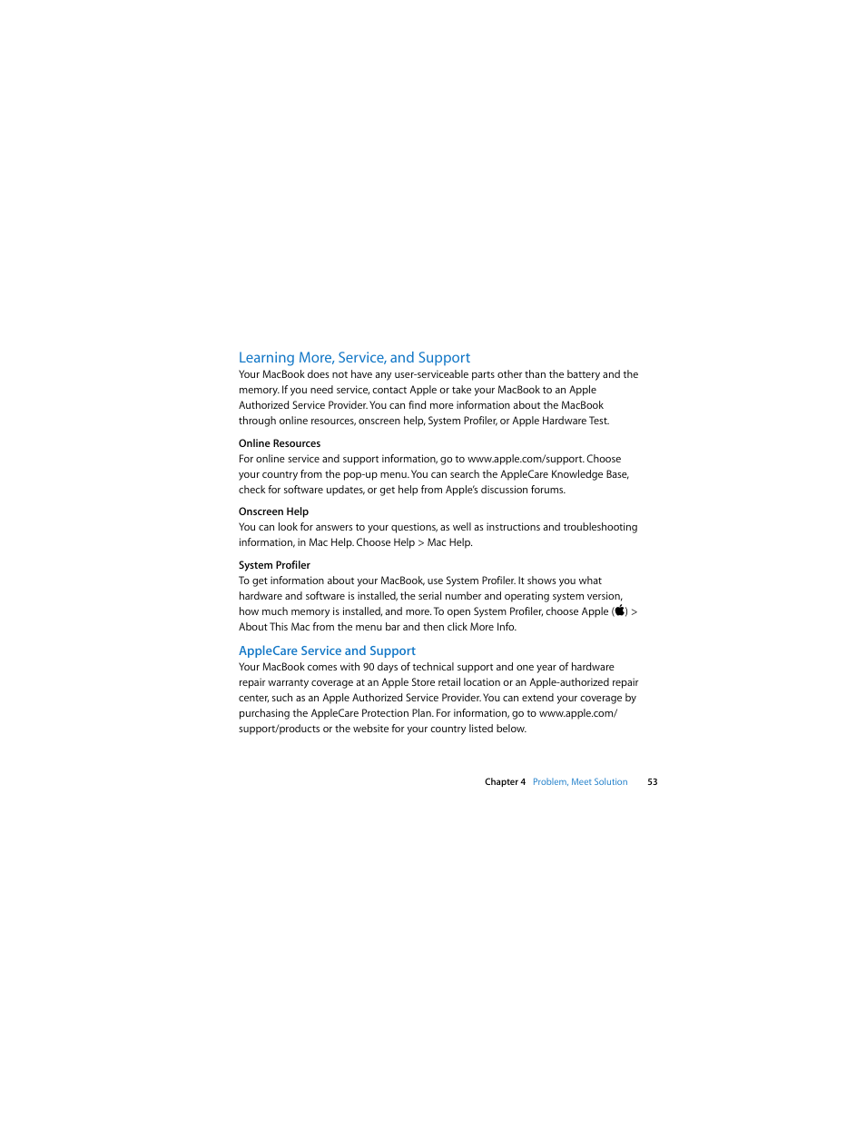 Learning more, service, and support, Applecare service and support | Apple MacBook (13-inch, Early 2009) User Manual | Page 53 / 80