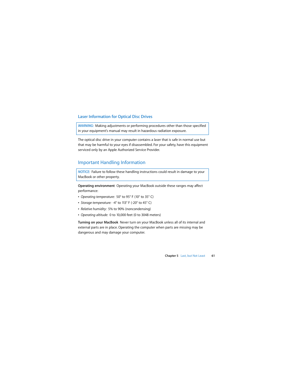 Laser information for optical disc drives, Important handling information | Apple MacBook (13-inch, Early 2009) User Manual | Page 61 / 80