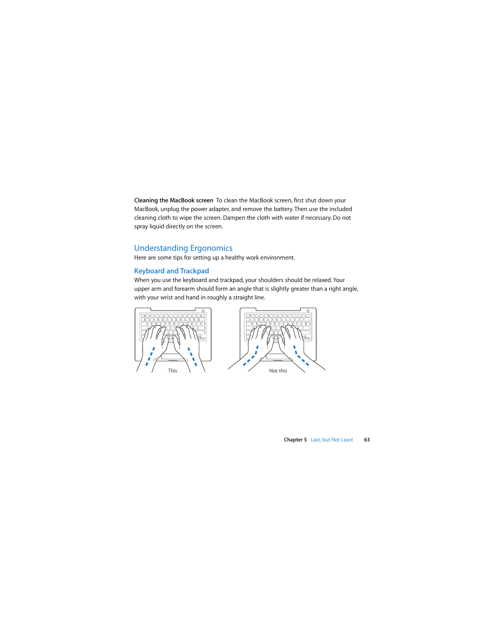 Understanding ergonomics, Keyboard and trackpad | Apple MacBook (13-inch, Early 2009) User Manual | Page 63 / 80