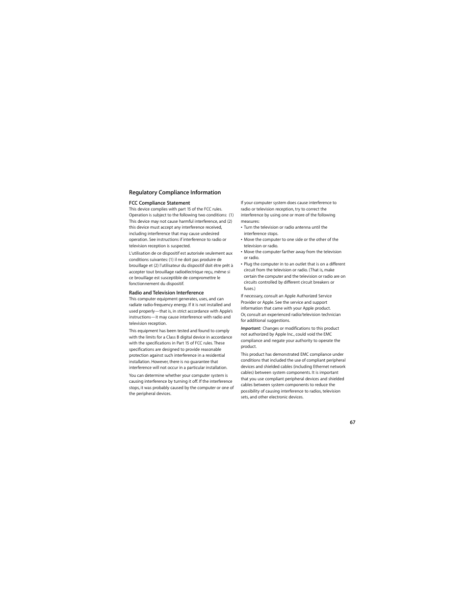 Regulatory compliance information | Apple MacBook (13-inch, Early 2009) User Manual | Page 67 / 80