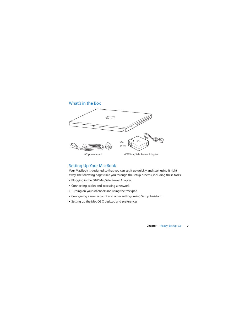 What’s in the box, Setting up your macbook, What’s in the box setting up your macbook | Apple MacBook (13-inch, Early 2009) User Manual | Page 9 / 80