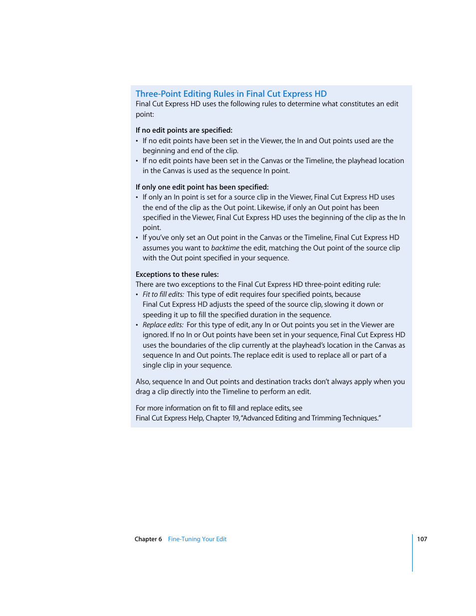 Three-point editing rules in final cut express hd | Apple Final Cut Express HD: Getting Started User Manual | Page 107 / 162