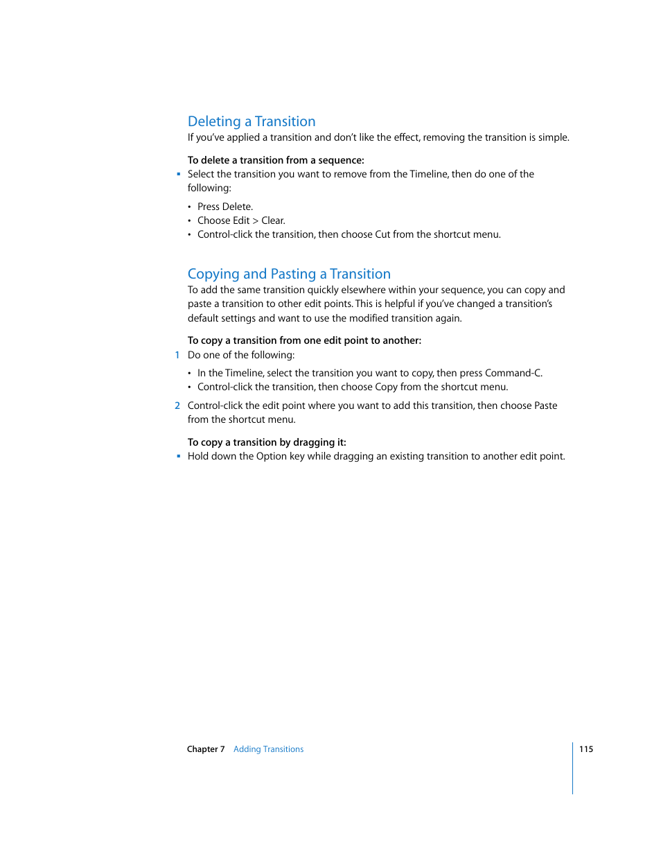 Deleting a transition, Copying and pasting a transition | Apple Final Cut Express HD: Getting Started User Manual | Page 115 / 162