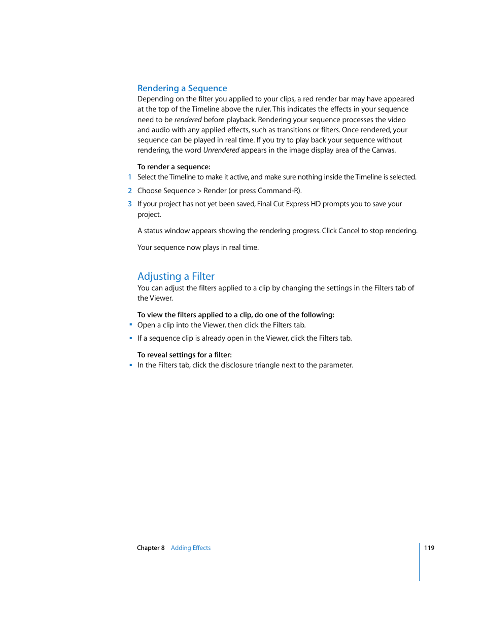 Rendering a sequence, Adjusting a filter | Apple Final Cut Express HD: Getting Started User Manual | Page 119 / 162