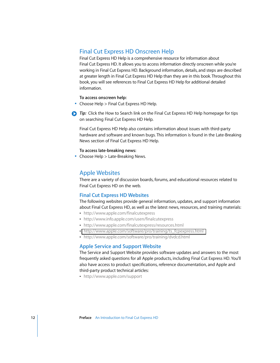 Final cut express hd onscreen help, Apple websites, Final cut express hd websites | Apple service and support website | Apple Final Cut Express HD: Getting Started User Manual | Page 12 / 162