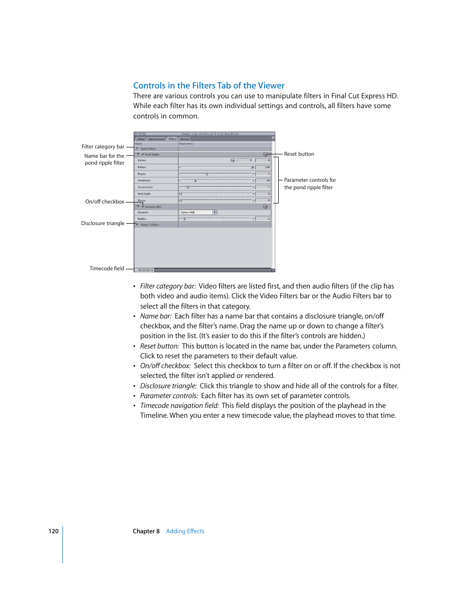 Controls in the filters tab of the viewer, Controls in the filters, Tab of the viewer | Apple Final Cut Express HD: Getting Started User Manual | Page 120 / 162