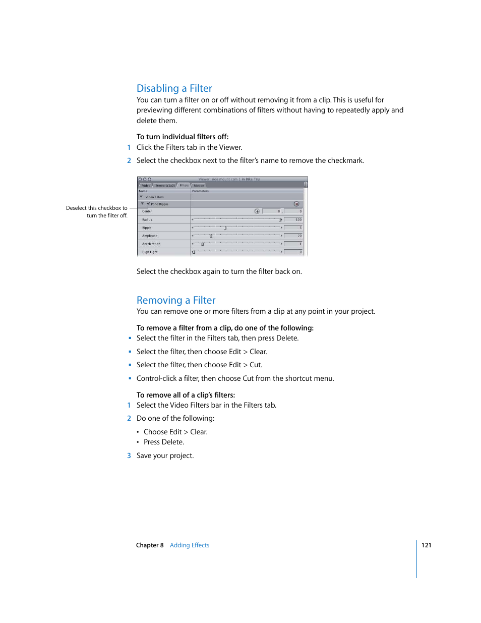 Disabling a filter, Removing a filter | Apple Final Cut Express HD: Getting Started User Manual | Page 121 / 162