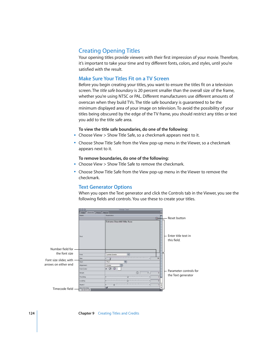 Creating opening titles, Make sure your titles fit on a tv screen, Text generator options | Apple Final Cut Express HD: Getting Started User Manual | Page 124 / 162