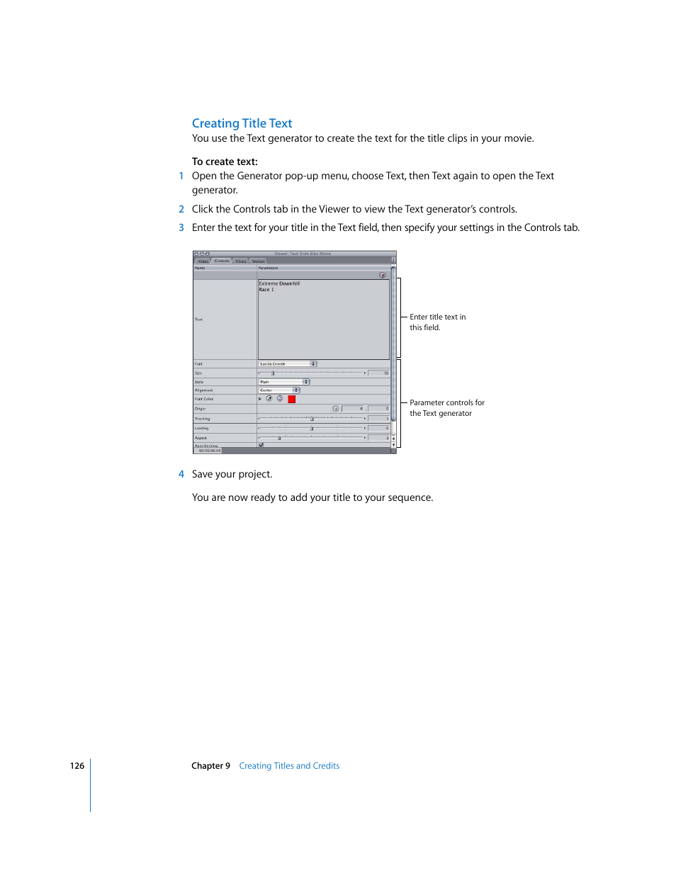 Creating title text | Apple Final Cut Express HD: Getting Started User Manual | Page 126 / 162