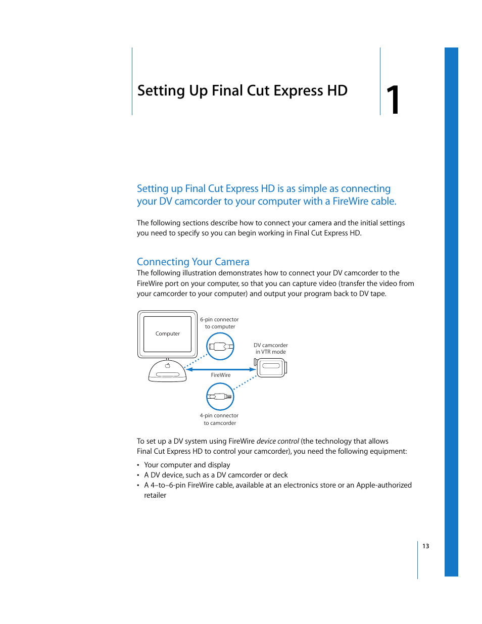 Setting up final cut express hd, Connecting your camera, Chapter | Apple Final Cut Express HD: Getting Started User Manual | Page 13 / 162