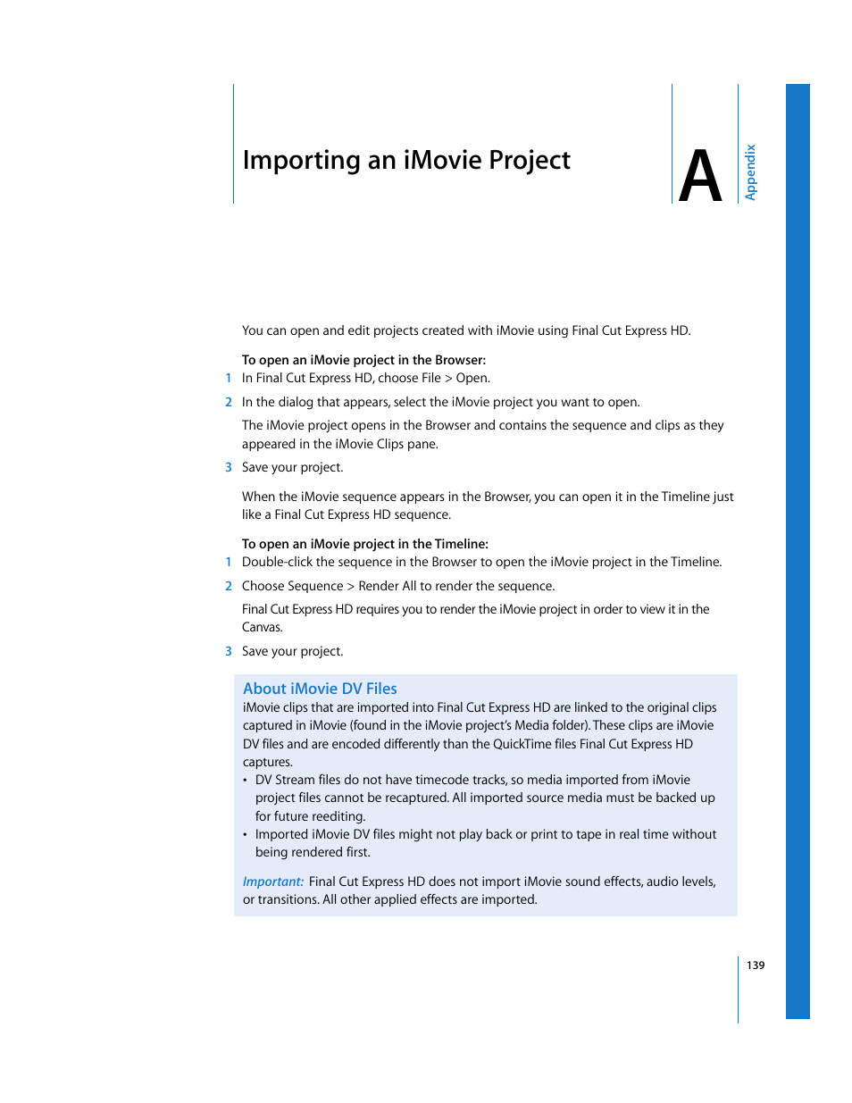 Importing an imovie project, About imovie dv files, Appendix | Apple Final Cut Express HD: Getting Started User Manual | Page 139 / 162