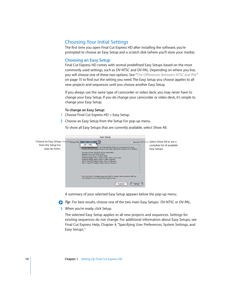 Choosing your initial settings, Choosing an easy setup | Apple Final Cut Express HD: Getting Started User Manual | Page 14 / 162