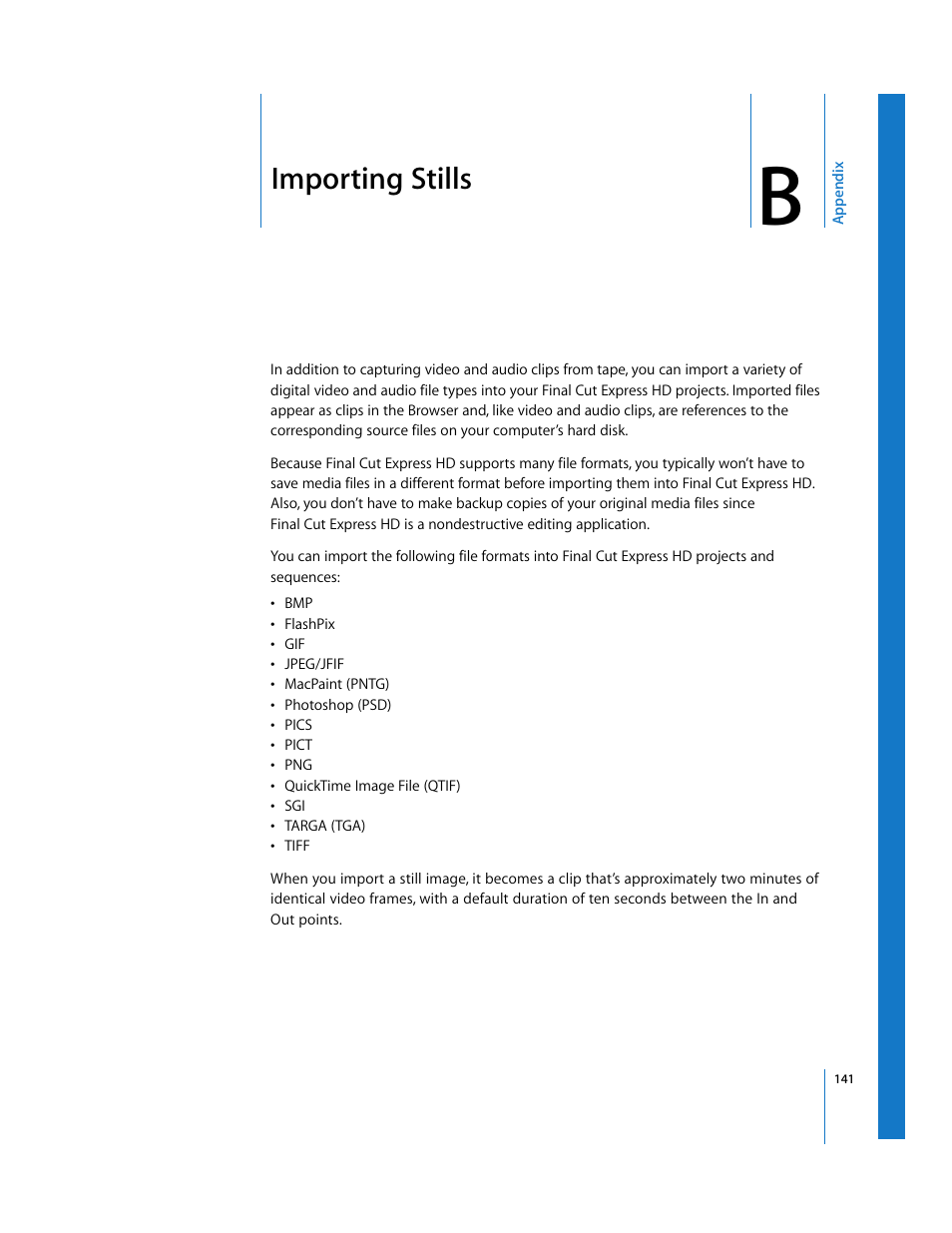 Importing stills, Appendix | Apple Final Cut Express HD: Getting Started User Manual | Page 141 / 162