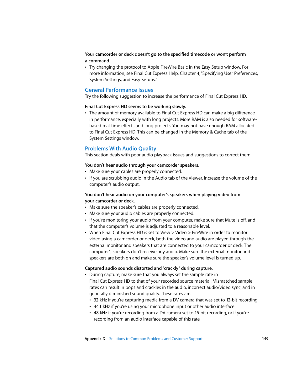 General performance issues, Problems with audio quality | Apple Final Cut Express HD: Getting Started User Manual | Page 149 / 162