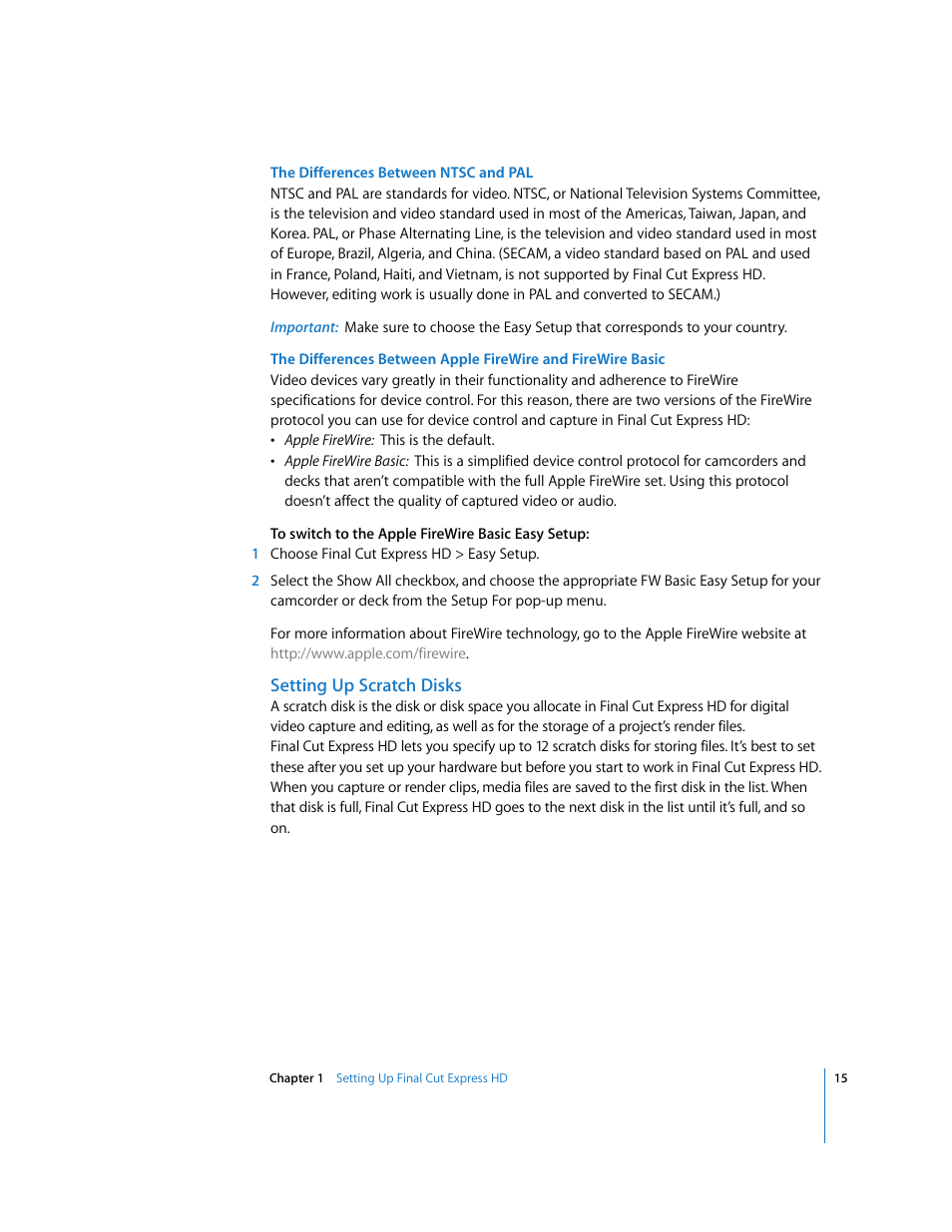 Setting up scratch disks, The differences between ntsc and pal | Apple Final Cut Express HD: Getting Started User Manual | Page 15 / 162