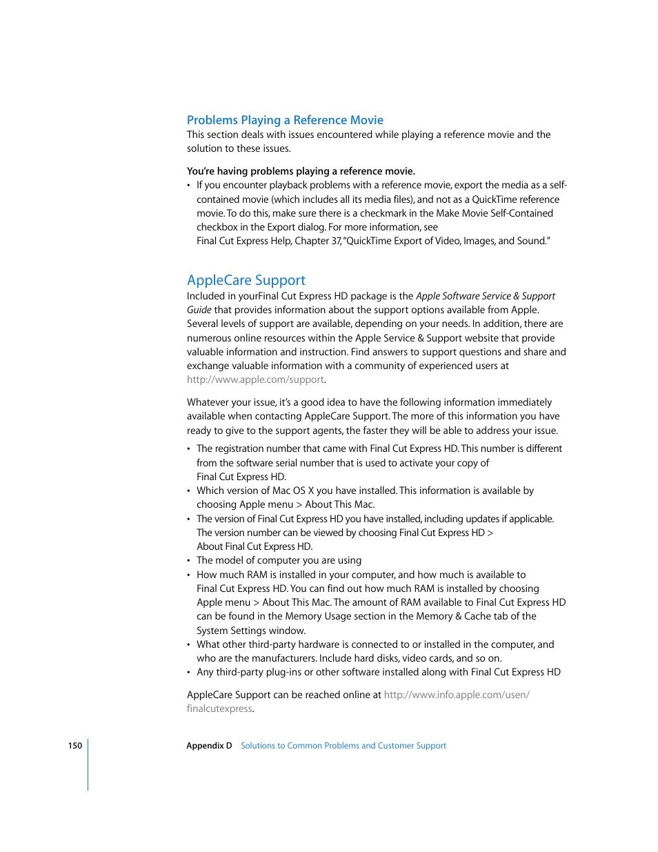 Problems playing a reference movie, Applecare support | Apple Final Cut Express HD: Getting Started User Manual | Page 150 / 162