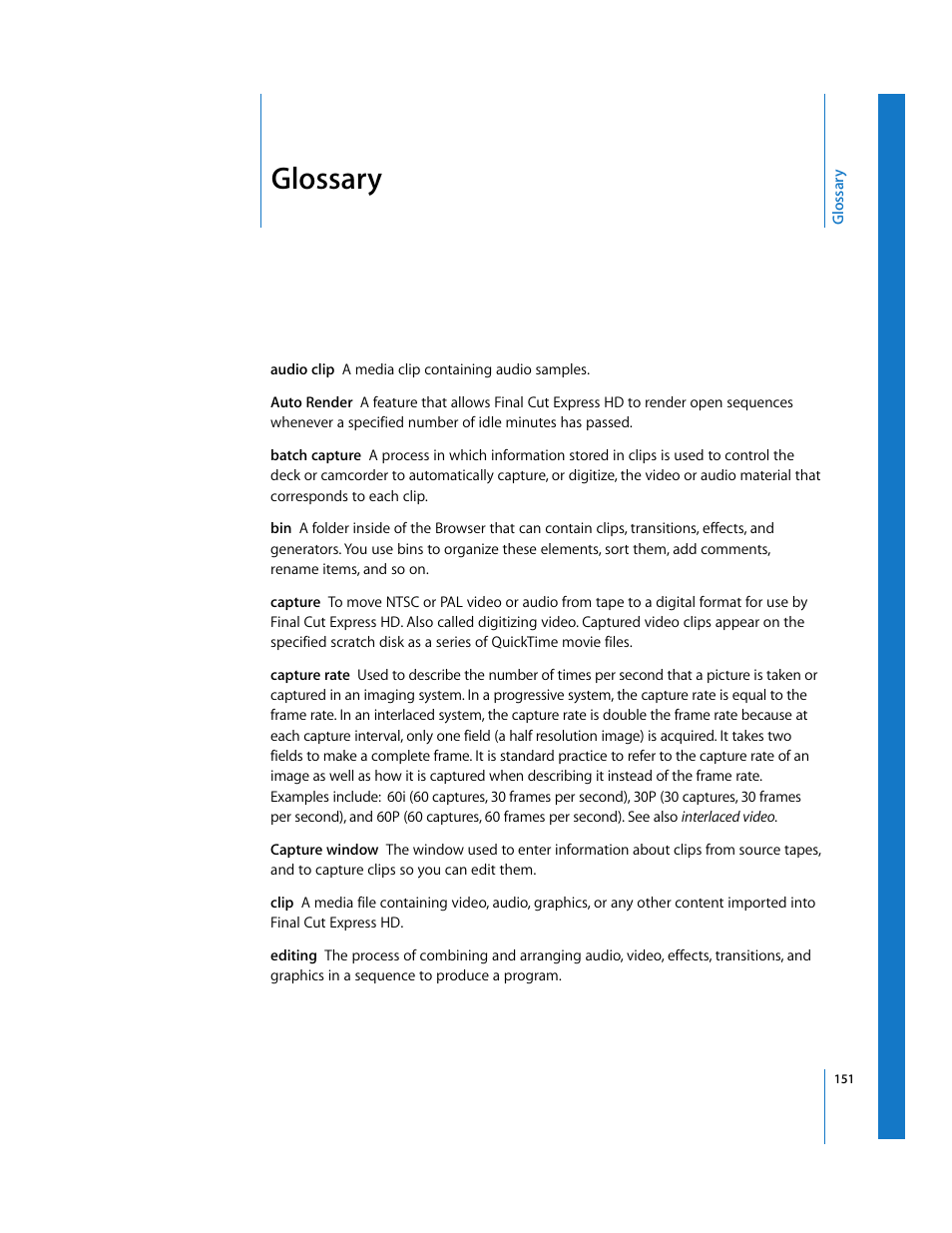 Glossary | Apple Final Cut Express HD: Getting Started User Manual | Page 151 / 162
