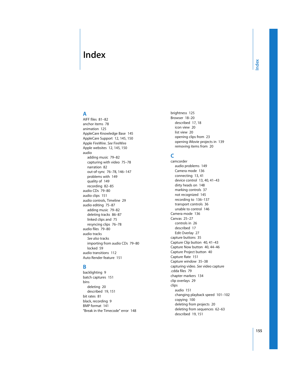 Index | Apple Final Cut Express HD: Getting Started User Manual | Page 155 / 162