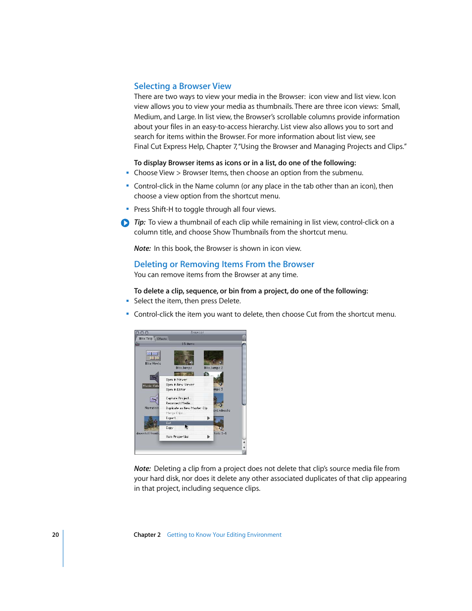 Selecting a browser view, Deleting or removing items from the browser | Apple Final Cut Express HD: Getting Started User Manual | Page 20 / 162