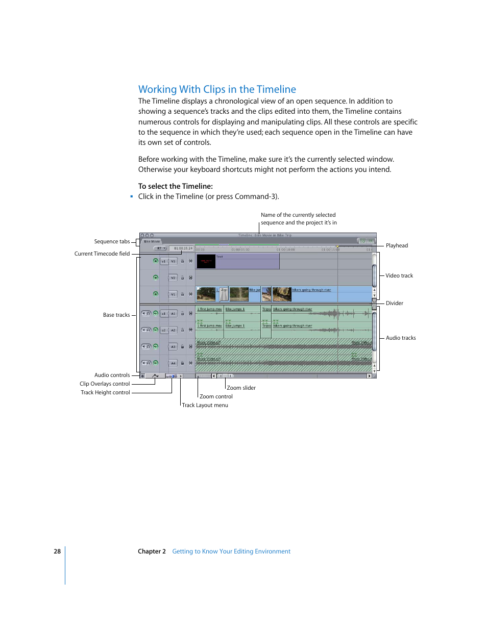 Working with clips in the timeline | Apple Final Cut Express HD: Getting Started User Manual | Page 28 / 162