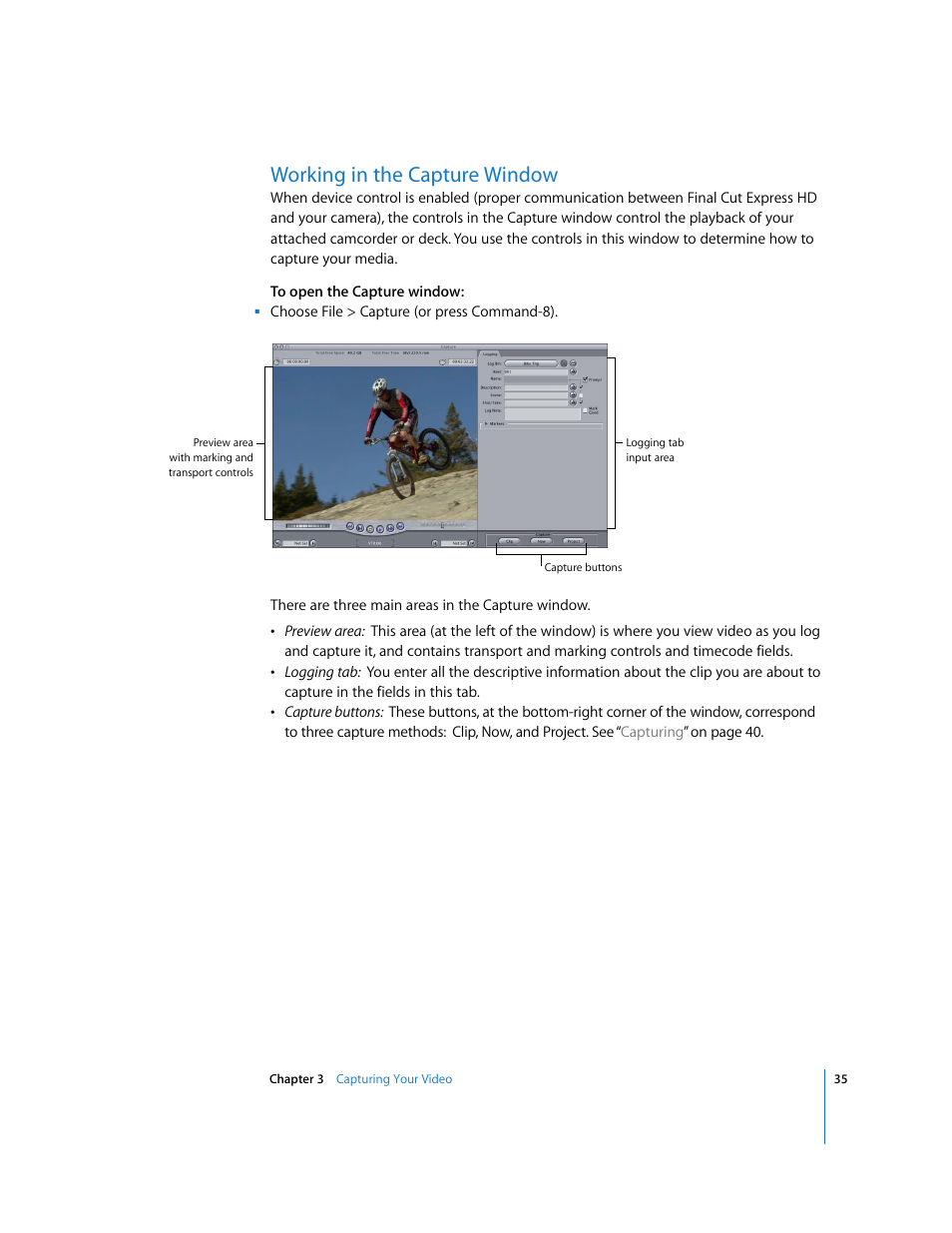 Working in the capture window | Apple Final Cut Express HD: Getting Started User Manual | Page 35 / 162
