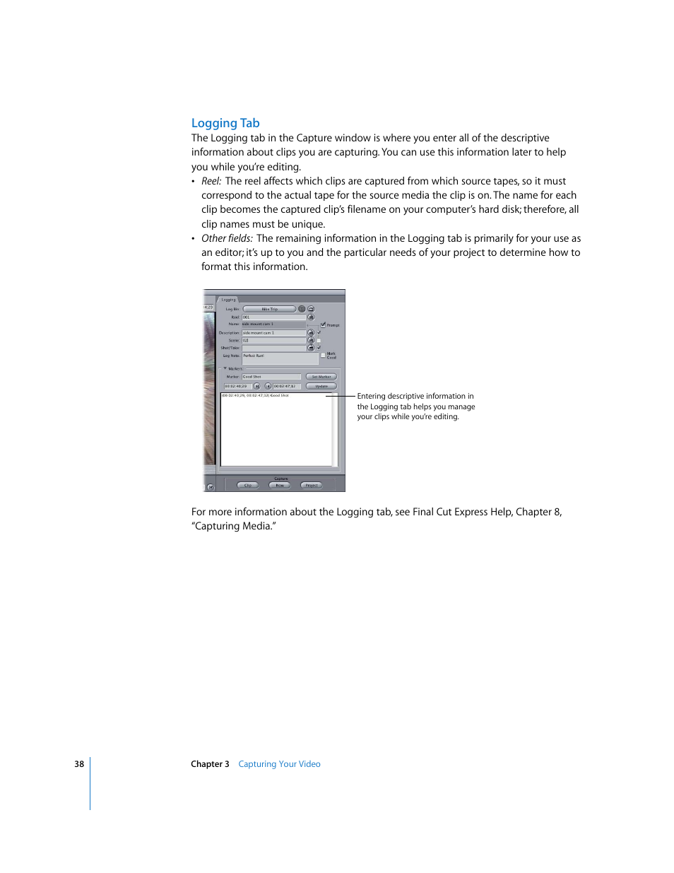 Logging tab | Apple Final Cut Express HD: Getting Started User Manual | Page 38 / 162
