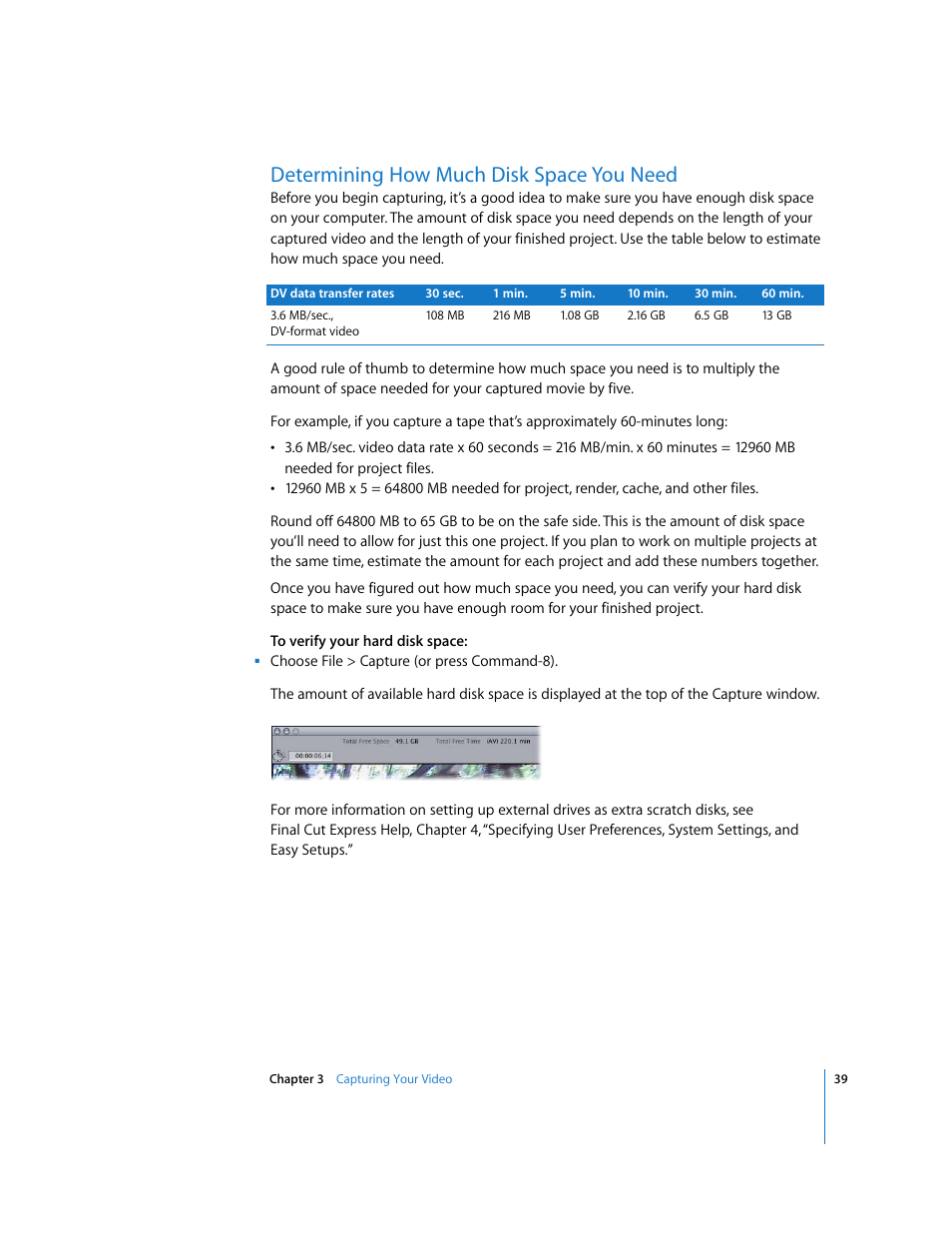 Determining how much disk space you need | Apple Final Cut Express HD: Getting Started User Manual | Page 39 / 162