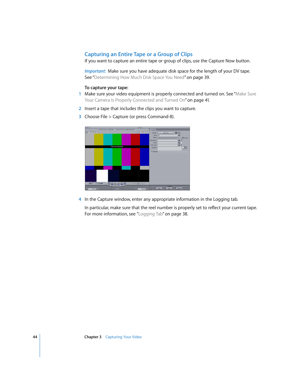 Capturing an entire tape or a group of clips | Apple Final Cut Express HD: Getting Started User Manual | Page 44 / 162
