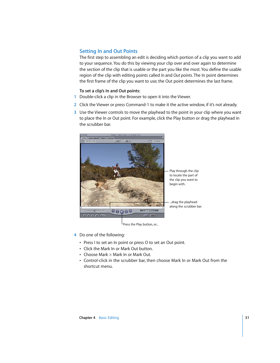 Setting in and out points, Setting in and out, Points | Apple Final Cut Express HD: Getting Started User Manual | Page 51 / 162