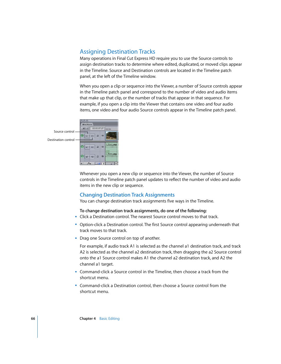 Assigning destination tracks, Changing destination track assignments | Apple Final Cut Express HD: Getting Started User Manual | Page 66 / 162