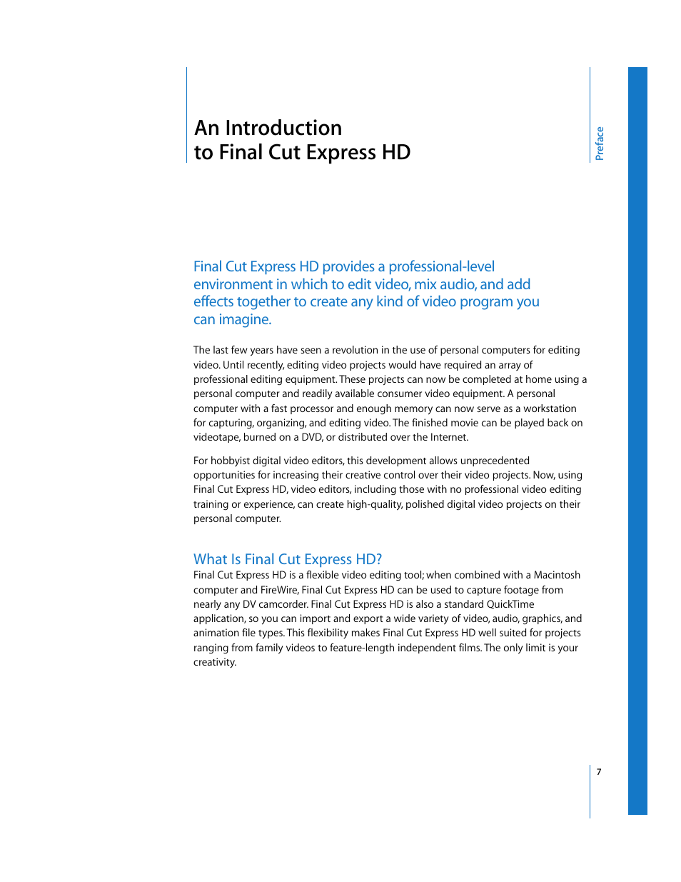An introduction to final cut express hd, What is final cut express hd, Preface | Apple Final Cut Express HD: Getting Started User Manual | Page 7 / 162